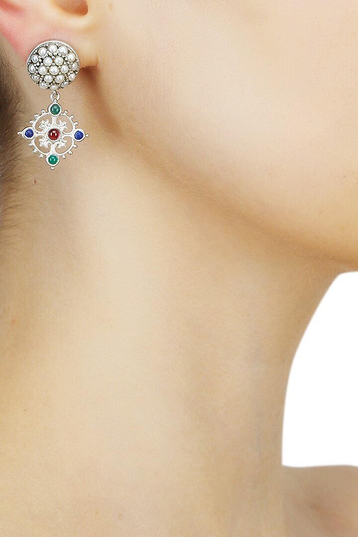 Silver finish seed pearls and encrusted multi color stone drop earrings available only at Pernia's Pop Up Shop.