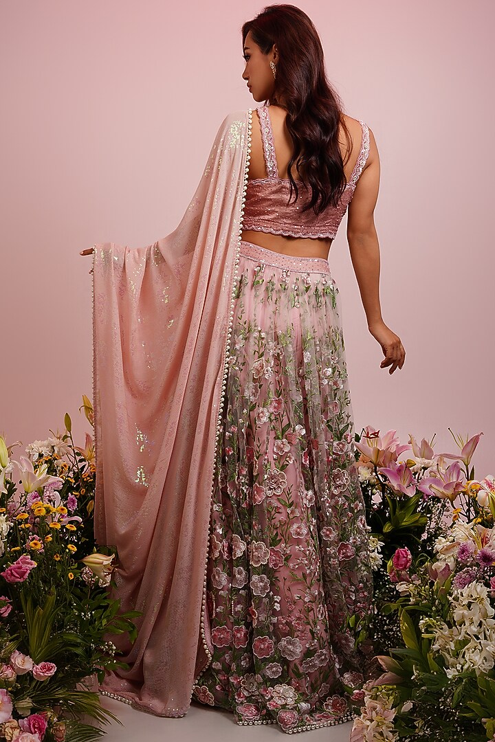 Pink Georgette Floral Hand Embroidered Wedding Lehenga Set by LABEL PRIYANKA KAR at Pernia's Pop Up Shop