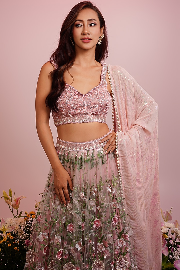 Pink Georgette Floral Hand Embroidered Wedding Lehenga Set by LABEL PRIYANKA KAR at Pernia's Pop Up Shop