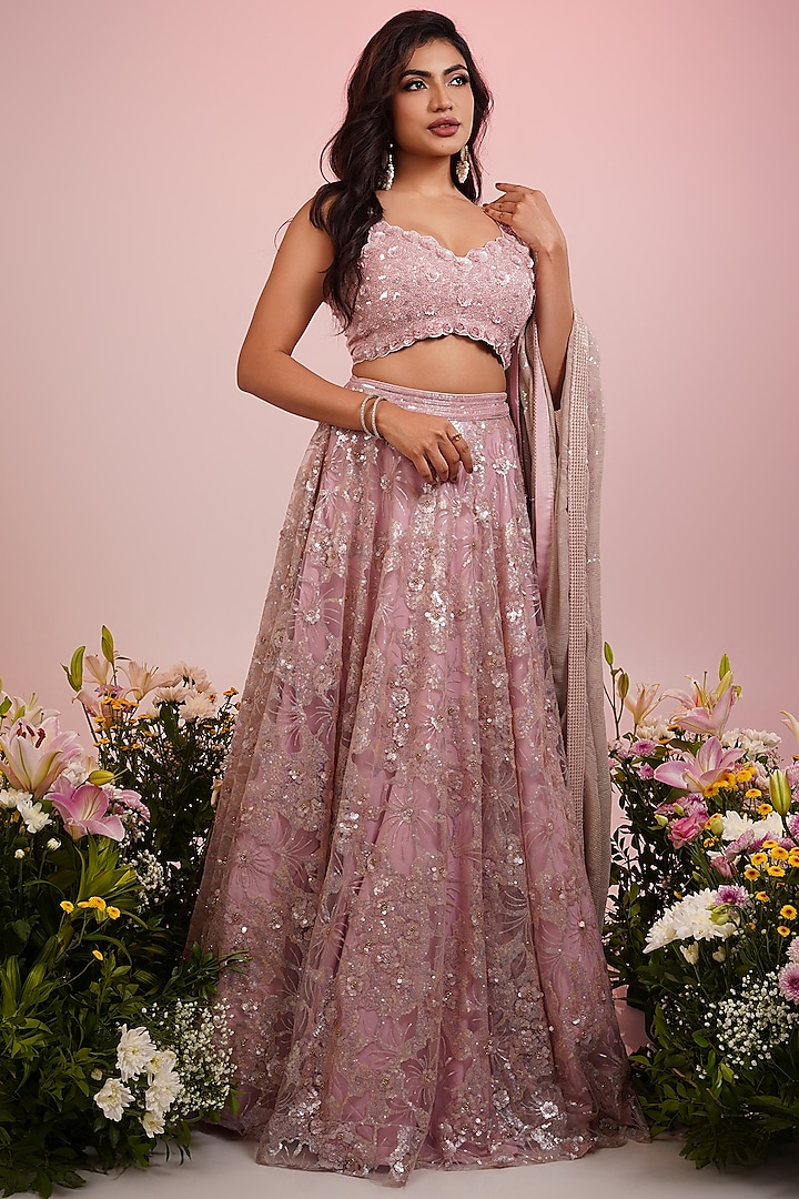 Lavender Georgette Floral Sequins Hand Embroidered Wedding Lehenga Set by LABEL PRIYANKA KAR at Pernia's Pop Up Shop