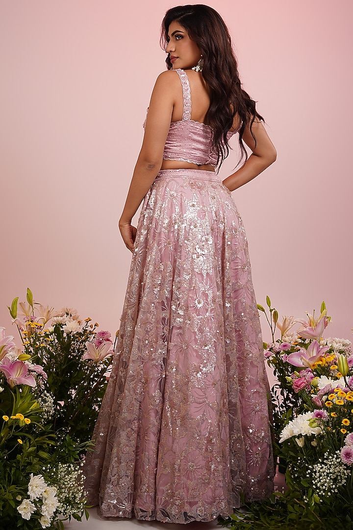 Lavender Georgette Floral Sequins Hand Embroidered Wedding Lehenga Set by LABEL PRIYANKA KAR at Pernia's Pop Up Shop