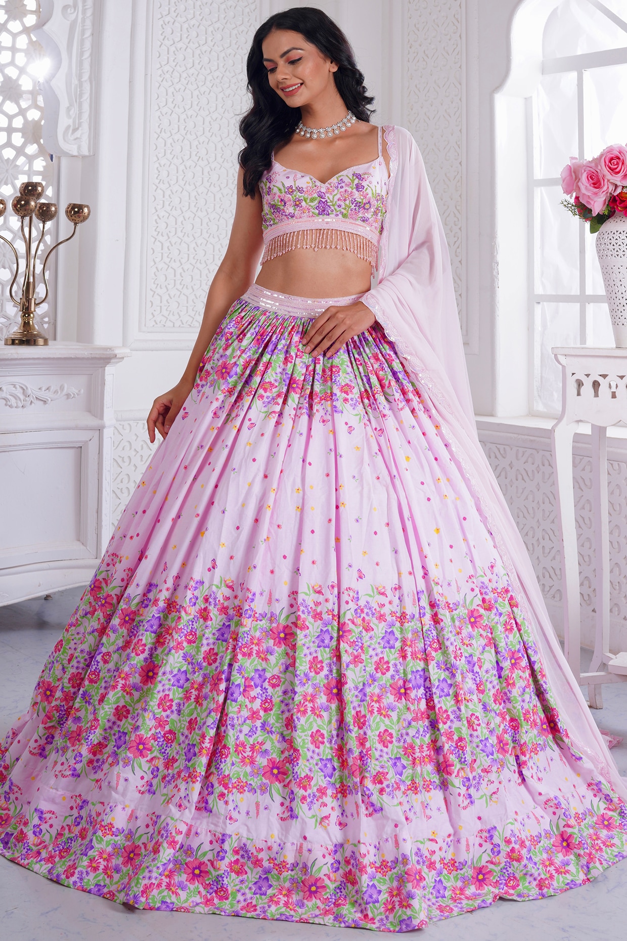 Buy Multi-Colored Lehenga In Jaipuri Folk Art Print. Paired With The Choli  And Dupatta In Gotta Patti And Beaded Embroidery