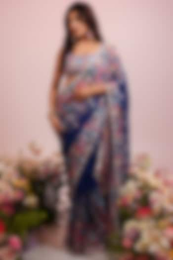 Blue Georgette Floral Printed & Hand Embroidered Pre-Draped Saree Set by LABEL PRIYANKA KAR