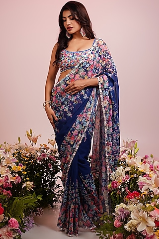 Blue Georgette Floral Printed & Hand Embroidered Pre-Draped Saree Set by LABEL PRIYANKA KAR