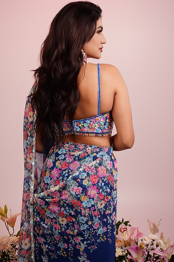 Blue Georgette Floral Printed & Hand Embroidered Pre-Draped Wedding Saree Set by LABEL PRIYANKA KAR at Pernia's Pop Up Shop