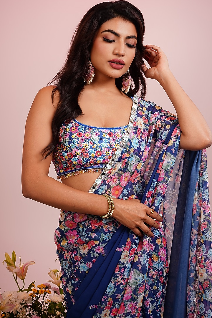 Blue Georgette Floral Printed & Hand Embroidered Pre-Draped Wedding Saree Set by LABEL PRIYANKA KAR at Pernia's Pop Up Shop