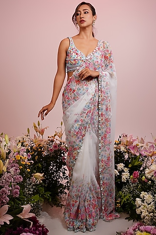 White Georgette Floral Printed & Hand Embroidered Pre-Draped Saree Set by LABEL PRIYANKA KAR