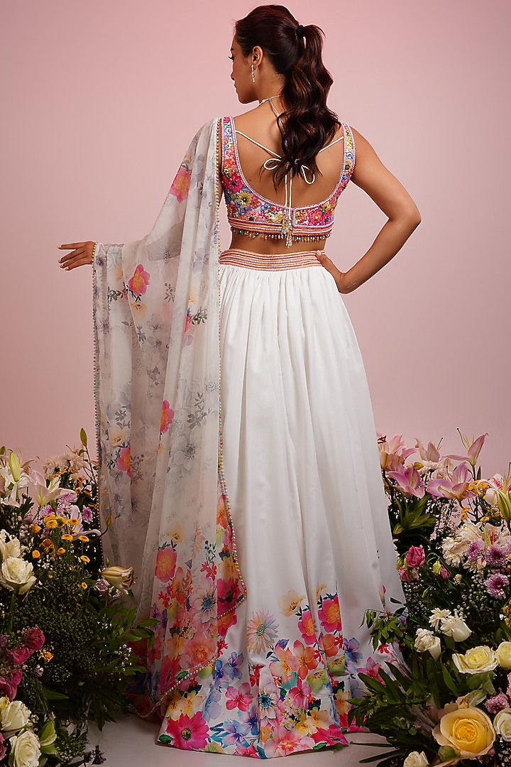 White Satin Floral Printed & Hand Embroidered Wedding Lehenga Set by LABEL PRIYANKA KAR at Pernia's Pop Up Shop