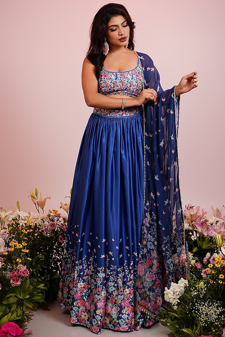 Blue Satin Floral Printed & Hand Embroidered Lehenga Set by LABEL PRIYANKA KAR