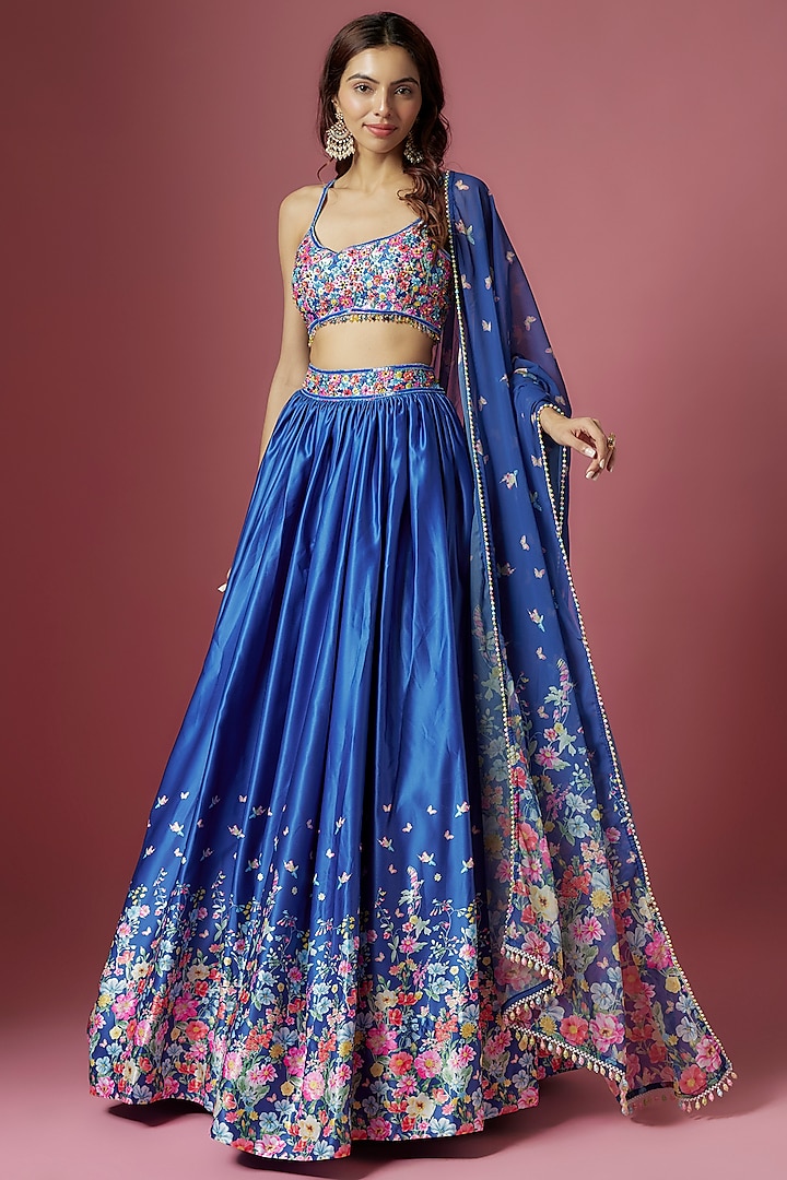 Blue Satin Floral Printed & Hand Embroidered Wedding Lehenga Set by LABEL PRIYANKA KAR at Pernia's Pop Up Shop