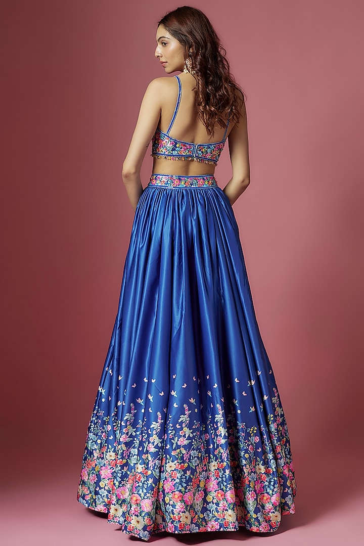 Blue Satin Floral Printed & Hand Embroidered Wedding Lehenga Set by LABEL PRIYANKA KAR at Pernia's Pop Up Shop