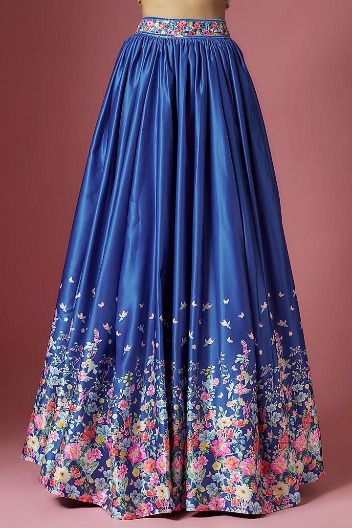 Blue Satin Floral Printed & Hand Embroidered Wedding Lehenga Set by LABEL PRIYANKA KAR at Pernia's Pop Up Shop