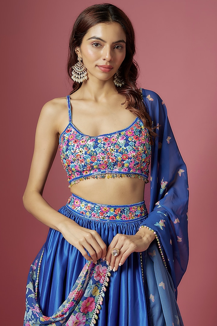 Blue Satin Floral Printed & Hand Embroidered Wedding Lehenga Set by LABEL PRIYANKA KAR at Pernia's Pop Up Shop