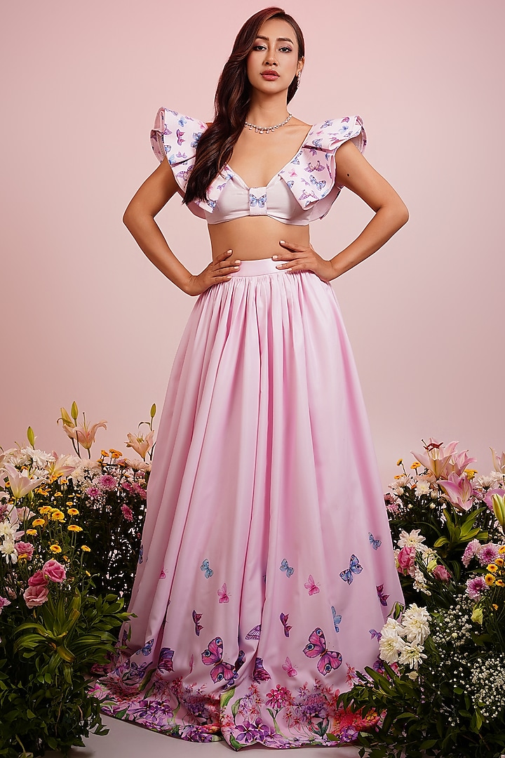 Blush Pink Viscose Blend Floral Printed Quilted Wedding Lehenga Set by LABEL PRIYANKA KAR at Pernia's Pop Up Shop