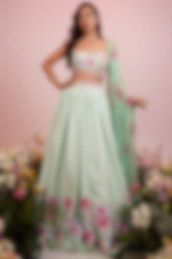 Mint Green Viscose Blend Floral Printed & Hand Embroidered Lehenga Set by LABEL PRIYANKA KAR