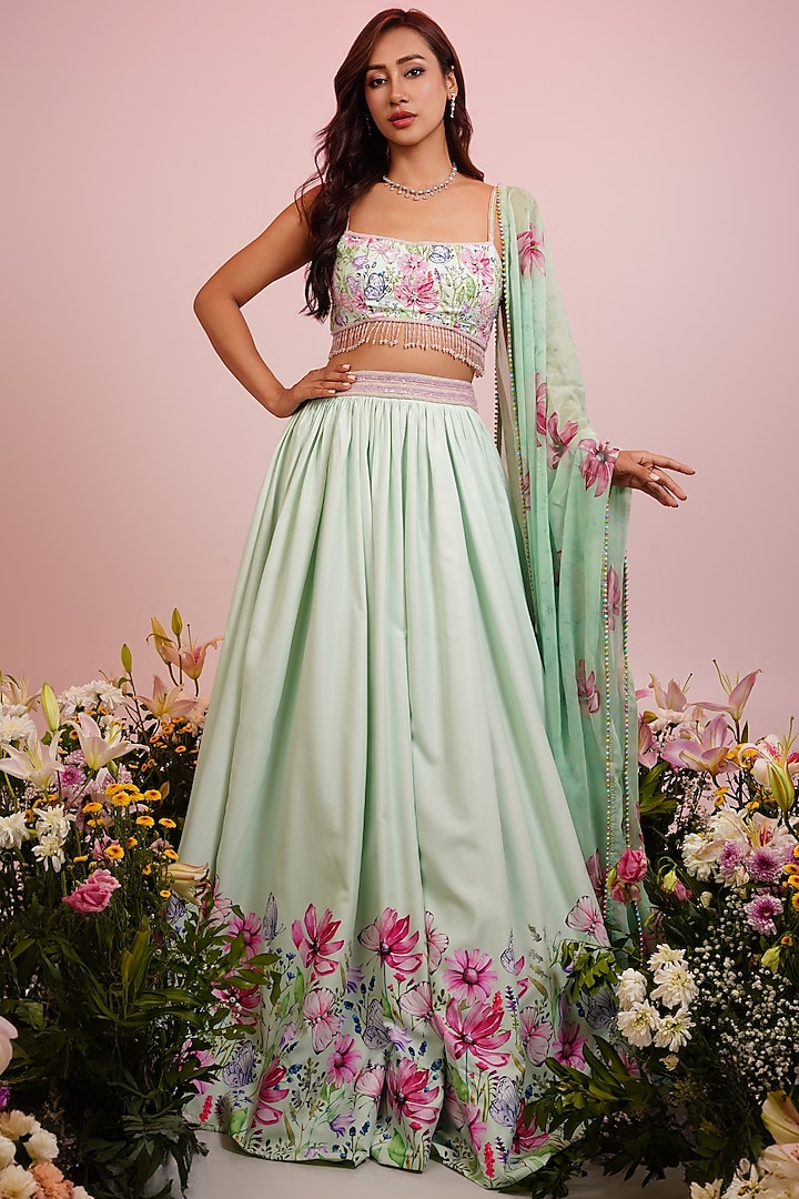 Mint Green Viscose Blend Floral Printed & Hand Embroidered Lehenga Set by LABEL PRIYANKA KAR