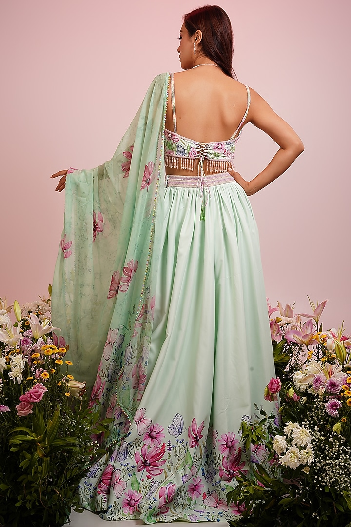 Mint Green Viscose Blend Floral Printed & Hand Embroidered Wedding Lehenga Set by LABEL PRIYANKA KAR at Pernia's Pop Up Shop