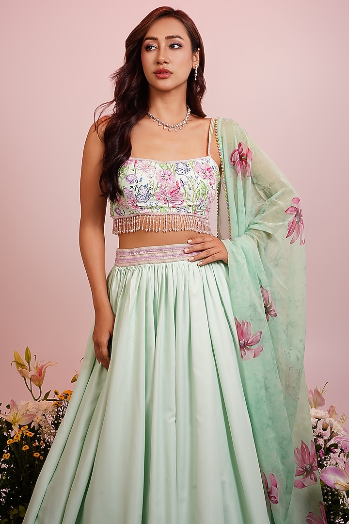 Mint Green Viscose Blend Floral Printed & Hand Embroidered Wedding Lehenga Set by LABEL PRIYANKA KAR at Pernia's Pop Up Shop