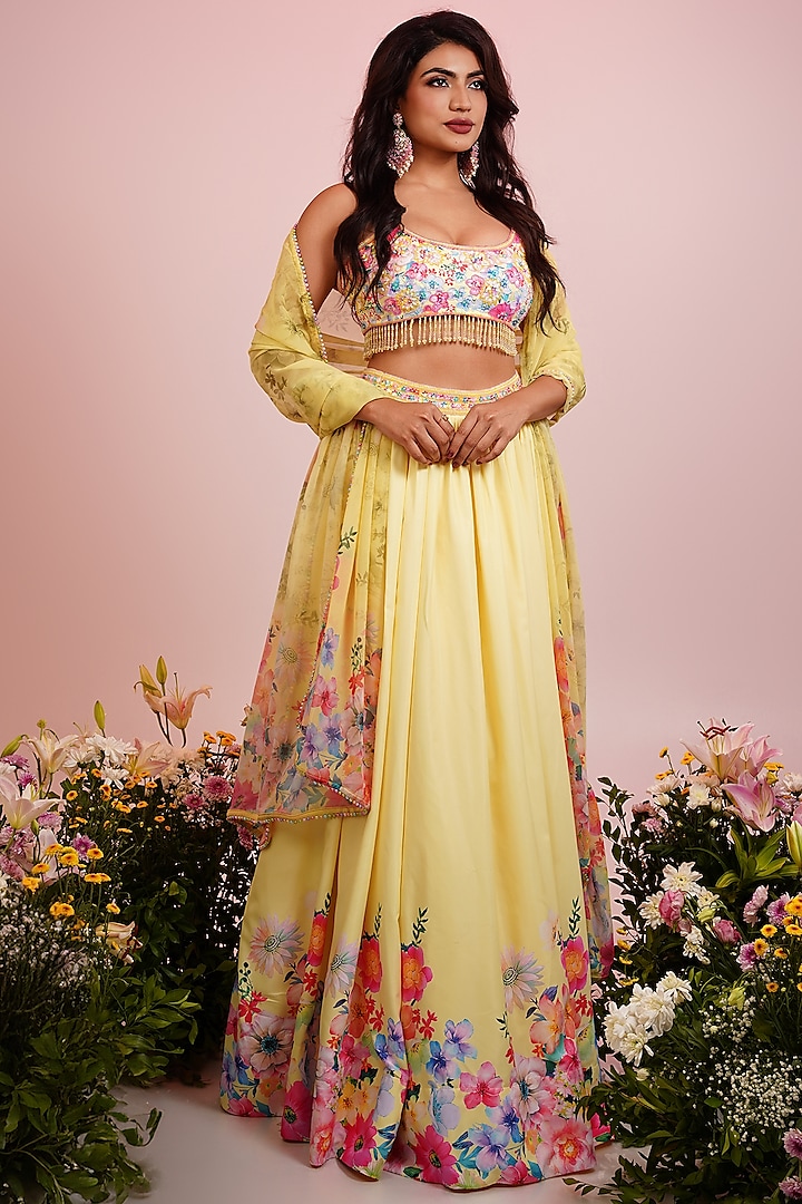 Yellow Viscose Blend Floral Printed & Hand Embroidered Wedding Lehenga Set by LABEL PRIYANKA KAR at Pernia's Pop Up Shop