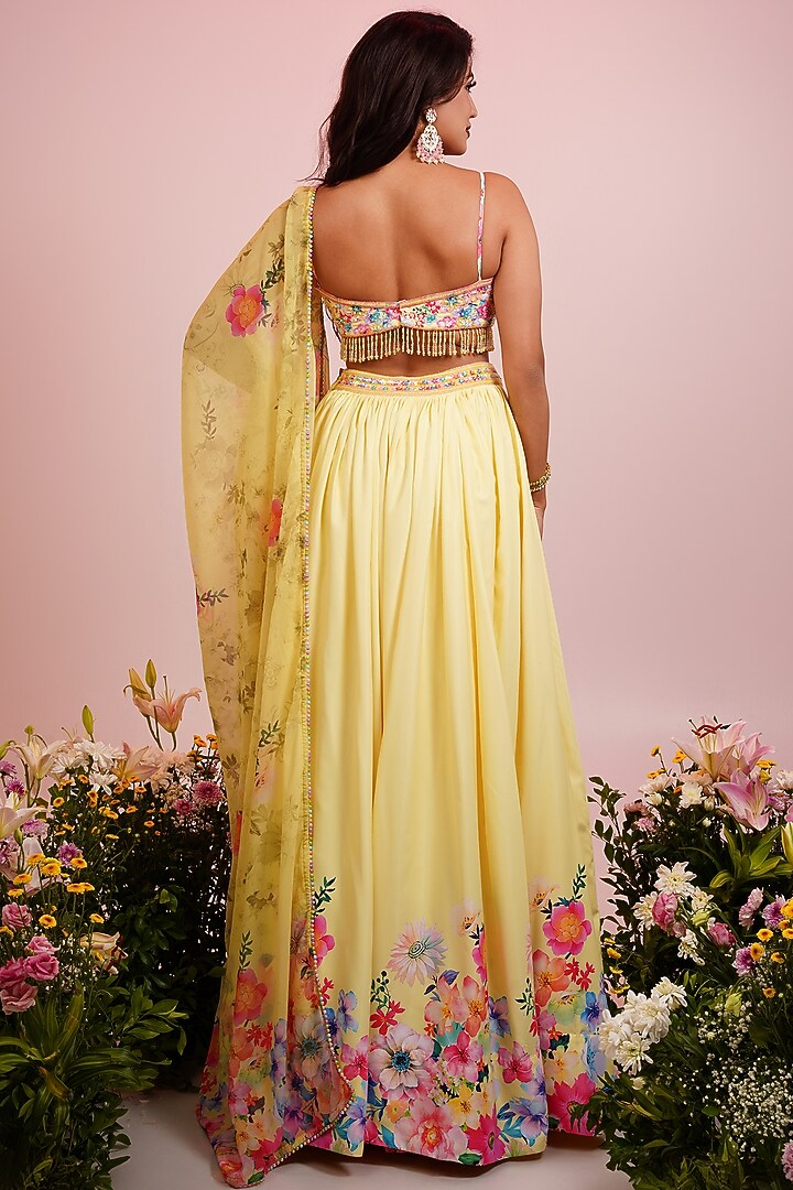 Yellow Viscose Blend Floral Printed & Hand Embroidered Wedding Lehenga Set by LABEL PRIYANKA KAR at Pernia's Pop Up Shop