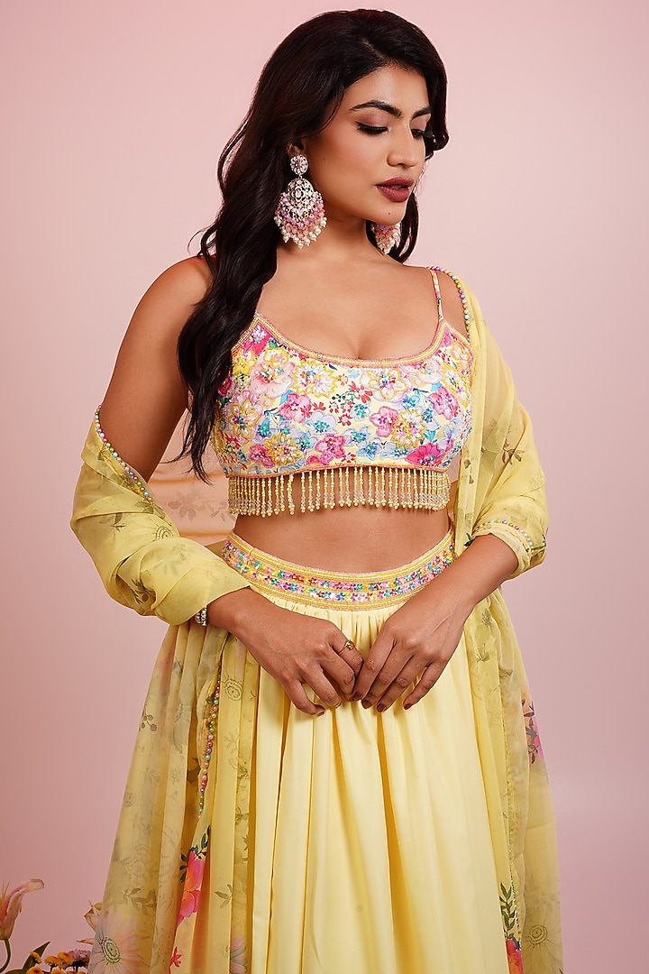 Yellow Viscose Blend Floral Printed & Hand Embroidered Wedding Lehenga Set by LABEL PRIYANKA KAR at Pernia's Pop Up Shop