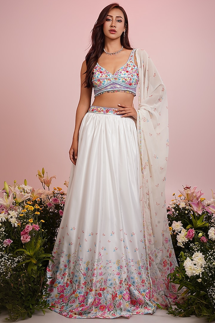 White Satin Floral Printed & Hand Embroidered Lehenga Set by LABEL PRIYANKA KAR