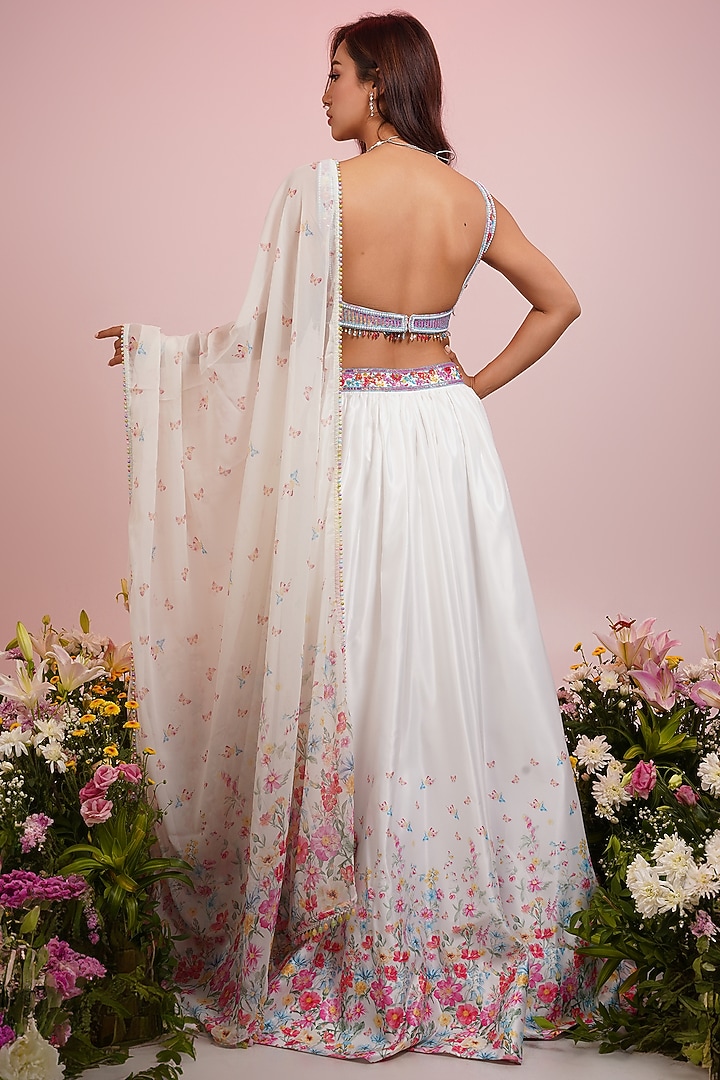 White Satin Floral Printed & Hand Embroidered Wedding Lehenga Set by LABEL PRIYANKA KAR at Pernia's Pop Up Shop