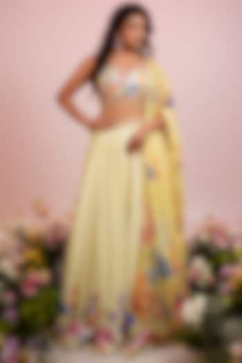 Yellow Viscose Blend Floral Printed & Hand Embroidered Lehenga Set by LABEL PRIYANKA KAR