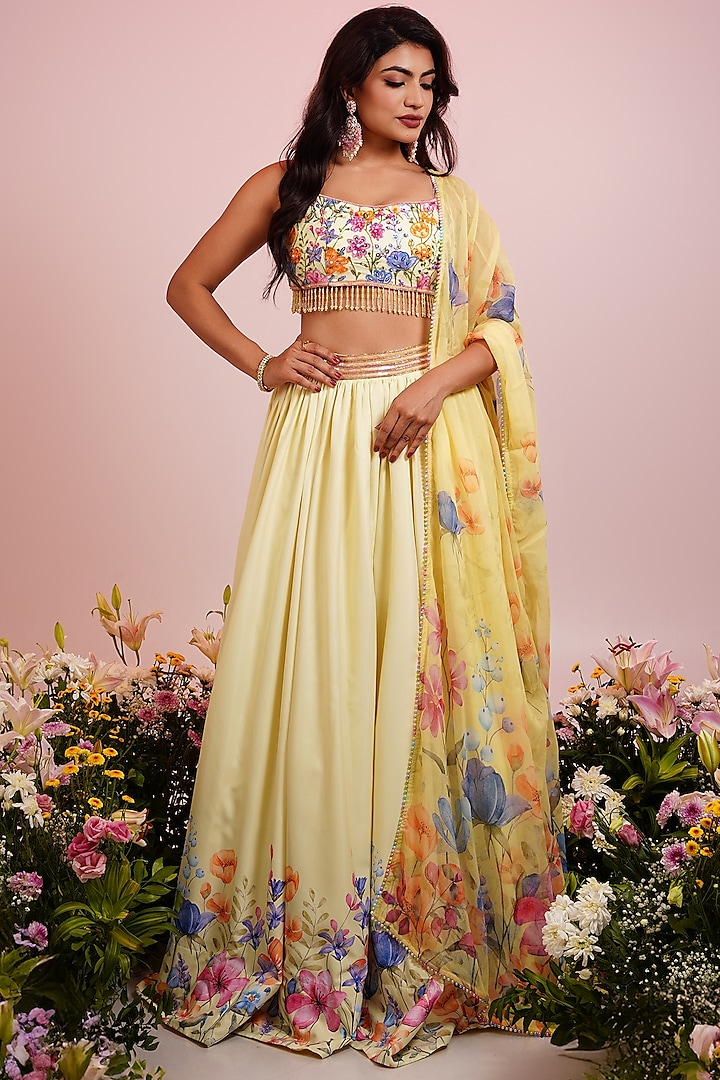 Yellow Viscose Blend Floral Printed & Hand Embroidered Lehenga Set by LABEL PRIYANKA KAR