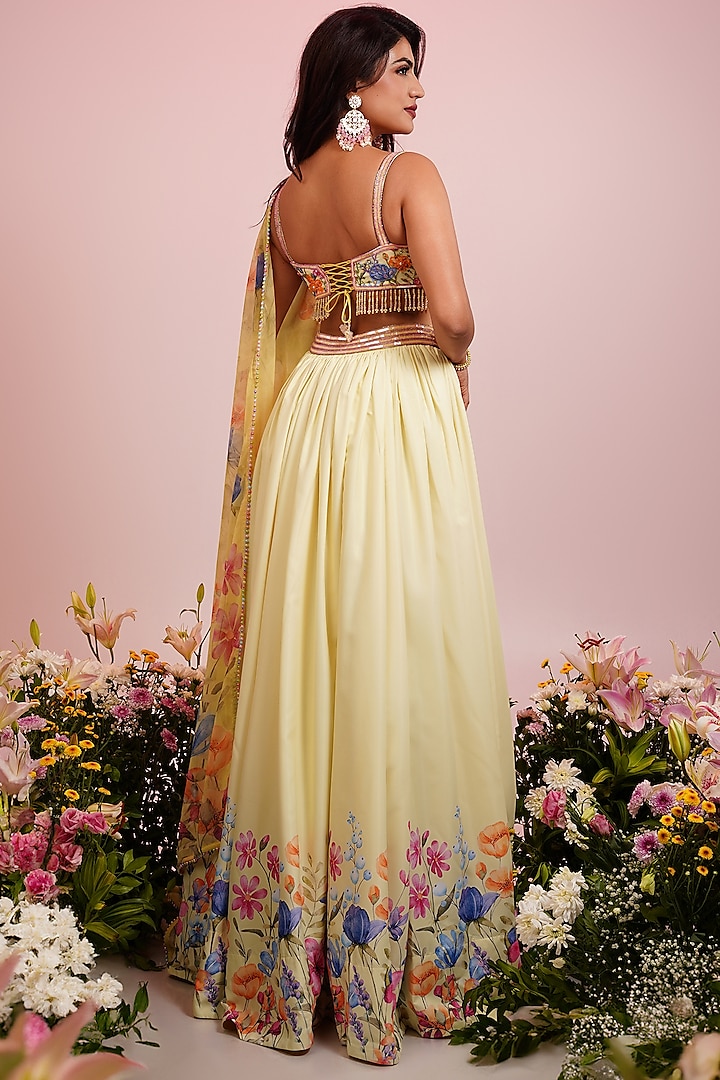Yellow Viscose Blend Floral Printed & Hand Embroidered Wedding Lehenga Set by LABEL PRIYANKA KAR at Pernia's Pop Up Shop