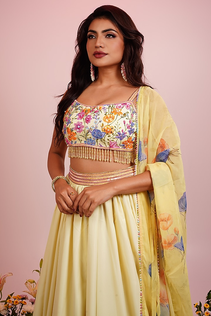 Yellow Viscose Blend Floral Printed & Hand Embroidered Wedding Lehenga Set by LABEL PRIYANKA KAR at Pernia's Pop Up Shop