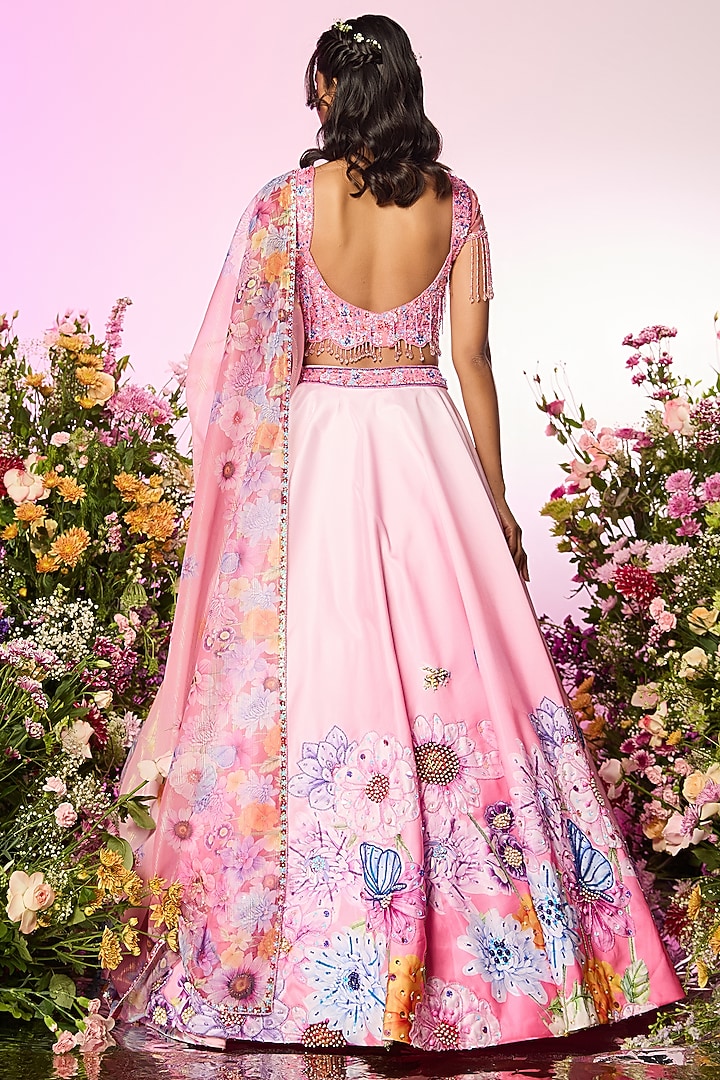 Pink Crystal Floral Printed & Embellished Wedding Lehenga Set by LABEL PRIYANKA KAR at Pernia's Pop Up Shop