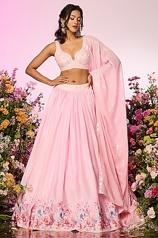 Pink Chinon Chiffon Floral Printed & Embellished Lehenga Set by LABEL PRIYANKA KAR