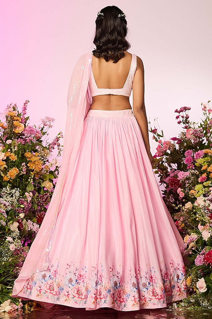 Pink Chinon Chiffon Floral Printed & Embellished Wedding Lehenga Set by LABEL PRIYANKA KAR at Pernia's Pop Up Shop
