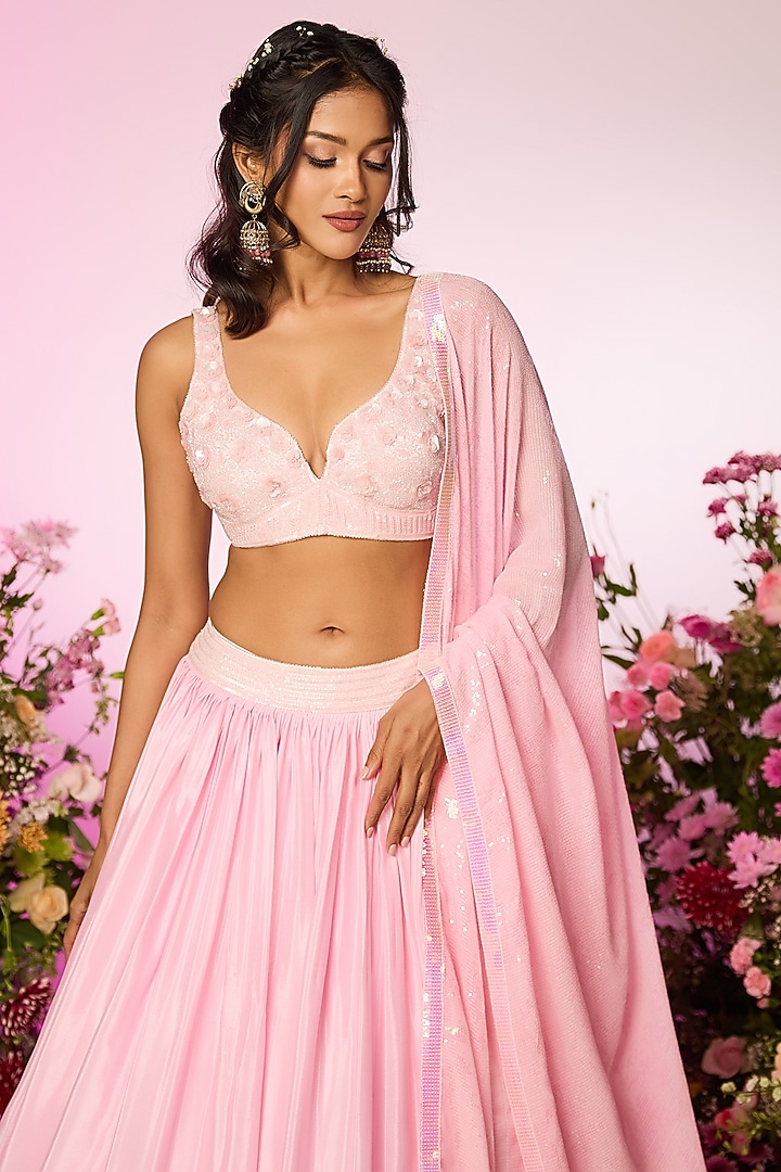 Pink Chinon Chiffon Floral Printed & Embellished Wedding Lehenga Set by LABEL PRIYANKA KAR at Pernia's Pop Up Shop