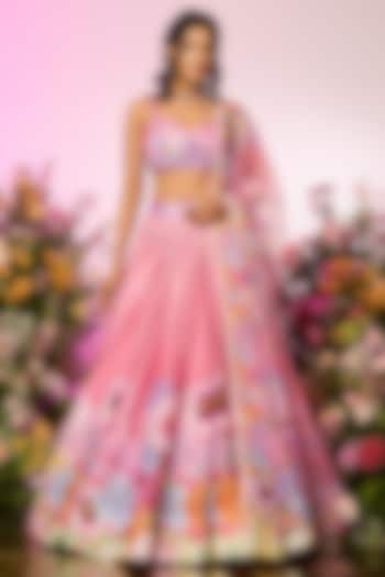 Pink Chinon Chiffon Floral Embellished Wedding Lehenga Set by LABEL PRIYANKA KAR at Pernia's Pop Up Shop