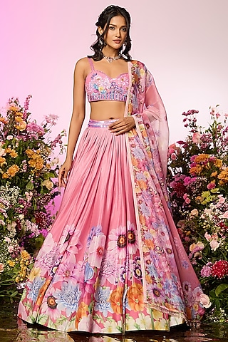 Pink Chinon Chiffon Floral Embellished Lehenga Set by LABEL PRIYANKA KAR