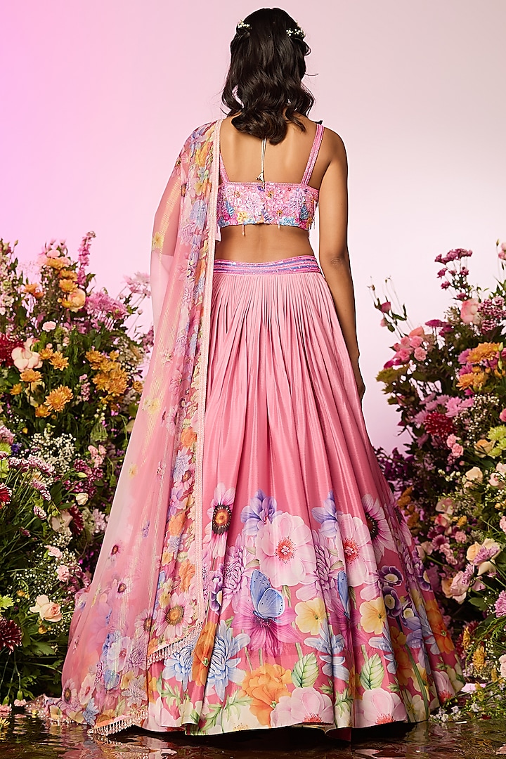 Pink Chinon Chiffon Floral Embellished Wedding Lehenga Set by LABEL PRIYANKA KAR at Pernia's Pop Up Shop