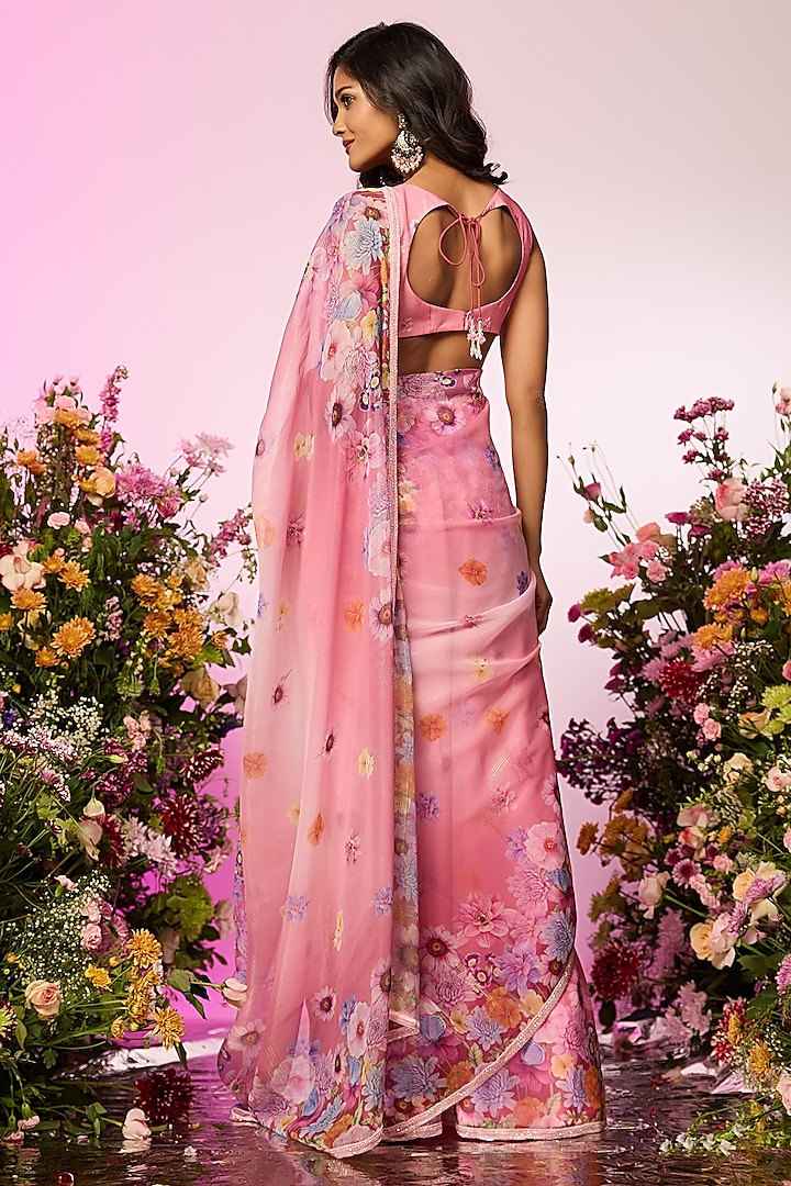 Pink Zari Floral Printed & Beads Embellished Pre-Draped Party Wear Saree Set by LABEL PRIYANKA KAR at Pernia's Pop Up Shop