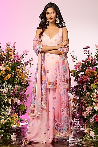 Pink Zari Floral Printed Sharara Set by LABEL PRIYANKA KAR