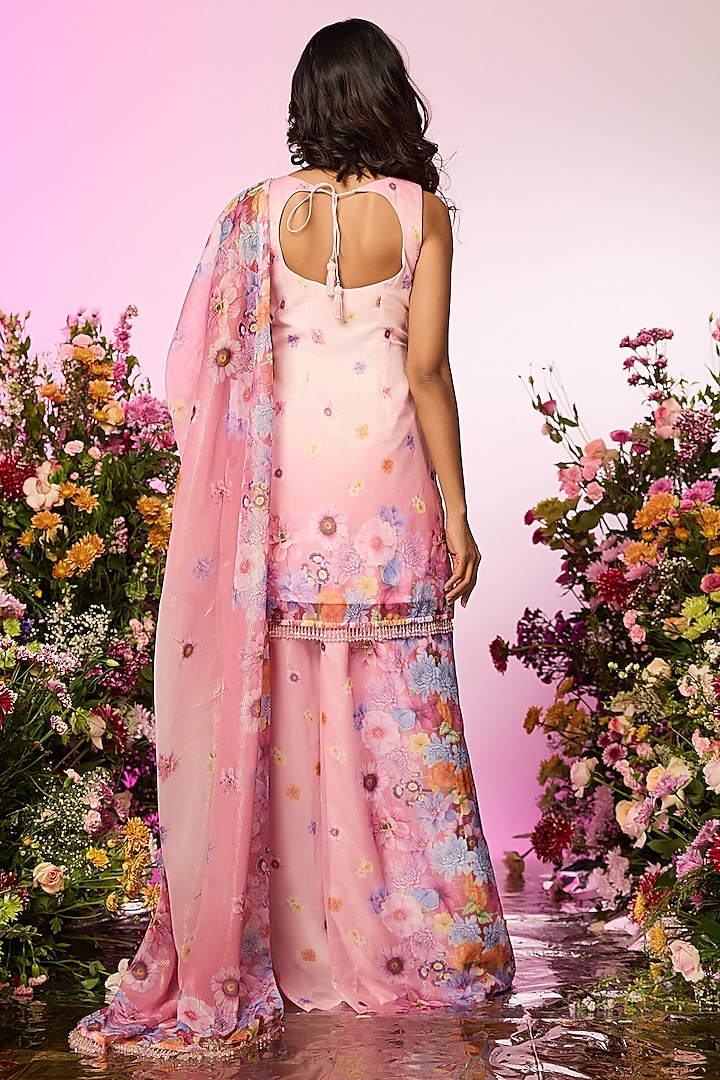 Pink Zari Floral Printed Party Wear Sharara Set by LABEL PRIYANKA KAR at Pernia's Pop Up Shop
