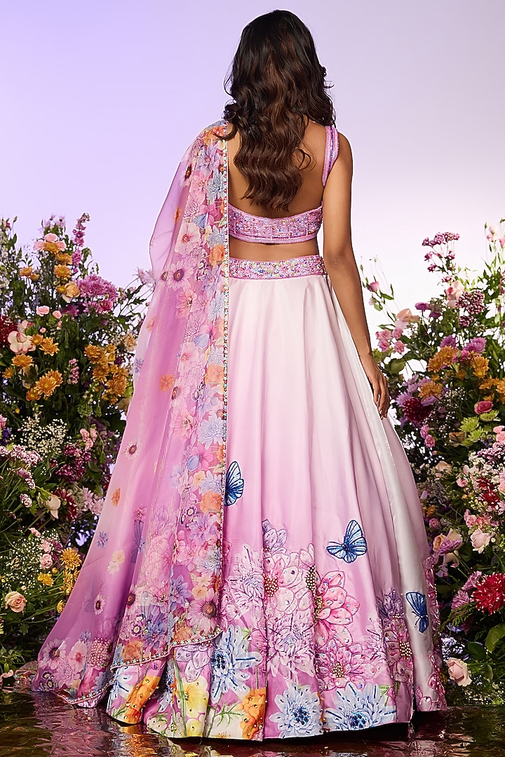 Lavender Crystal Floral Printed & Beads Embellished Wedding Lehenga Set by LABEL PRIYANKA KAR at Pernia's Pop Up Shop