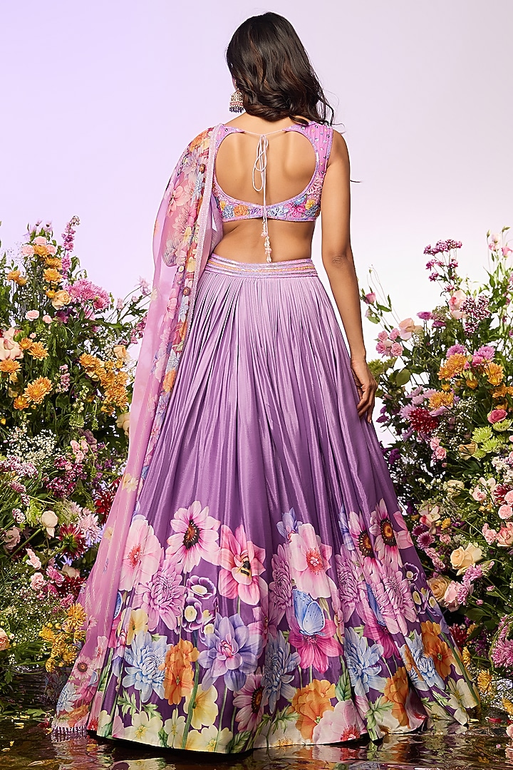 Lavender Chinon Chiffon Floral Printed & Beads Embellished Wedding Lehenga Set by LABEL PRIYANKA KAR at Pernia's Pop Up Shop