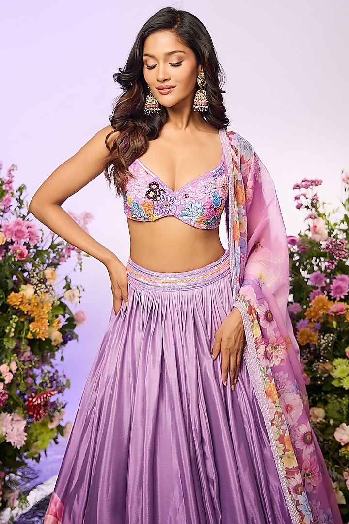 Lavender Chinon Chiffon Floral Printed & Beads Embellished Wedding Lehenga Set by LABEL PRIYANKA KAR at Pernia's Pop Up Shop