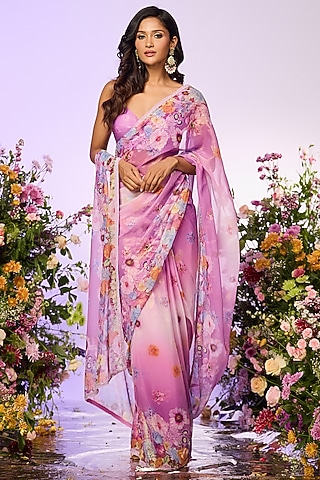 Lavender Zari Floral Printed & Embellished Pre-Draped Saree Set by LABEL PRIYANKA KAR