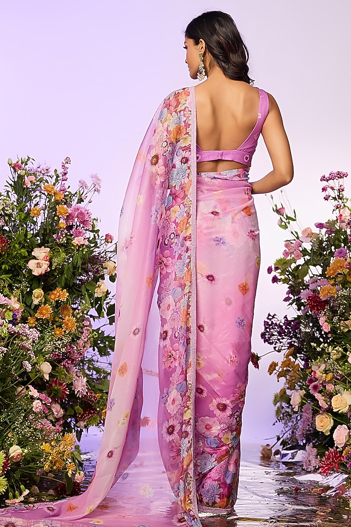 Lavender Zari Floral Printed & Embellished Pre-Draped Party Wear Saree Set by LABEL PRIYANKA KAR at Pernia's Pop Up Shop