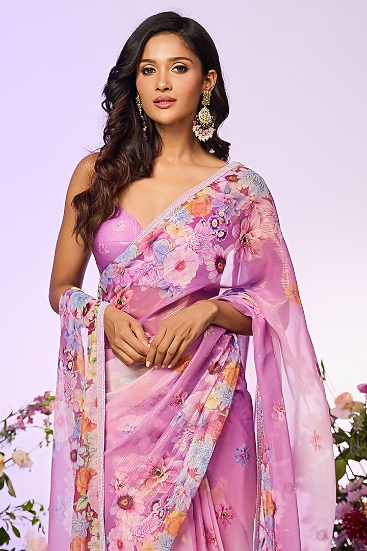 Lavender Zari Floral Printed & Embellished Pre-Draped Party Wear Saree Set by LABEL PRIYANKA KAR at Pernia's Pop Up Shop