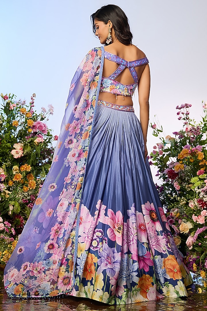 Lilac Blue Chinon Chiffon Floral Printed Wedding Lehenga Set by LABEL PRIYANKA KAR at Pernia's Pop Up Shop
