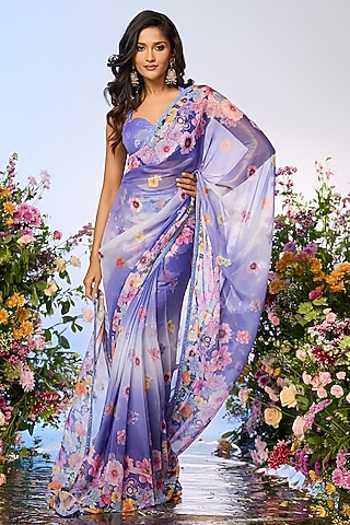 Lilac Blue Zari Printed & Embellished Pre-Draped Saree Set by LABEL PRIYANKA KAR