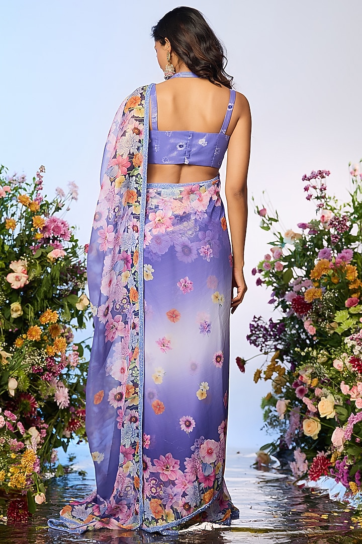 Lilac Blue Zari Printed & Embellished Pre-Draped Party Wear Saree Set by LABEL PRIYANKA KAR at Pernia's Pop Up Shop